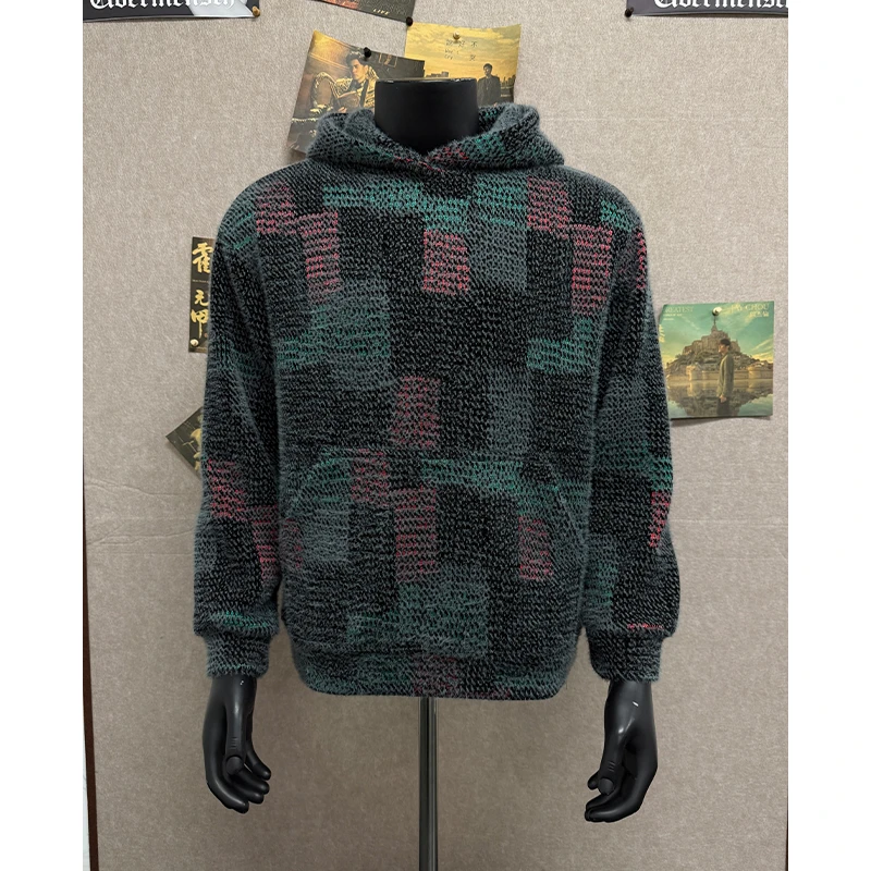 美式复古针织拼色格子连帽卫衣男款秋冬情侣重磅毛绒休闲宽松外套