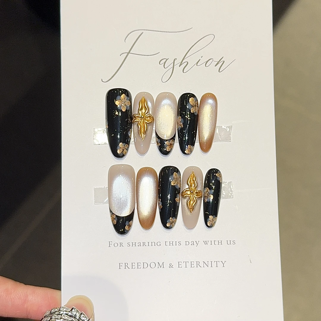 千繁轻奢【美拉德古花】雕花款猫眼纯手工穿戴甲长款美甲贴片指甲