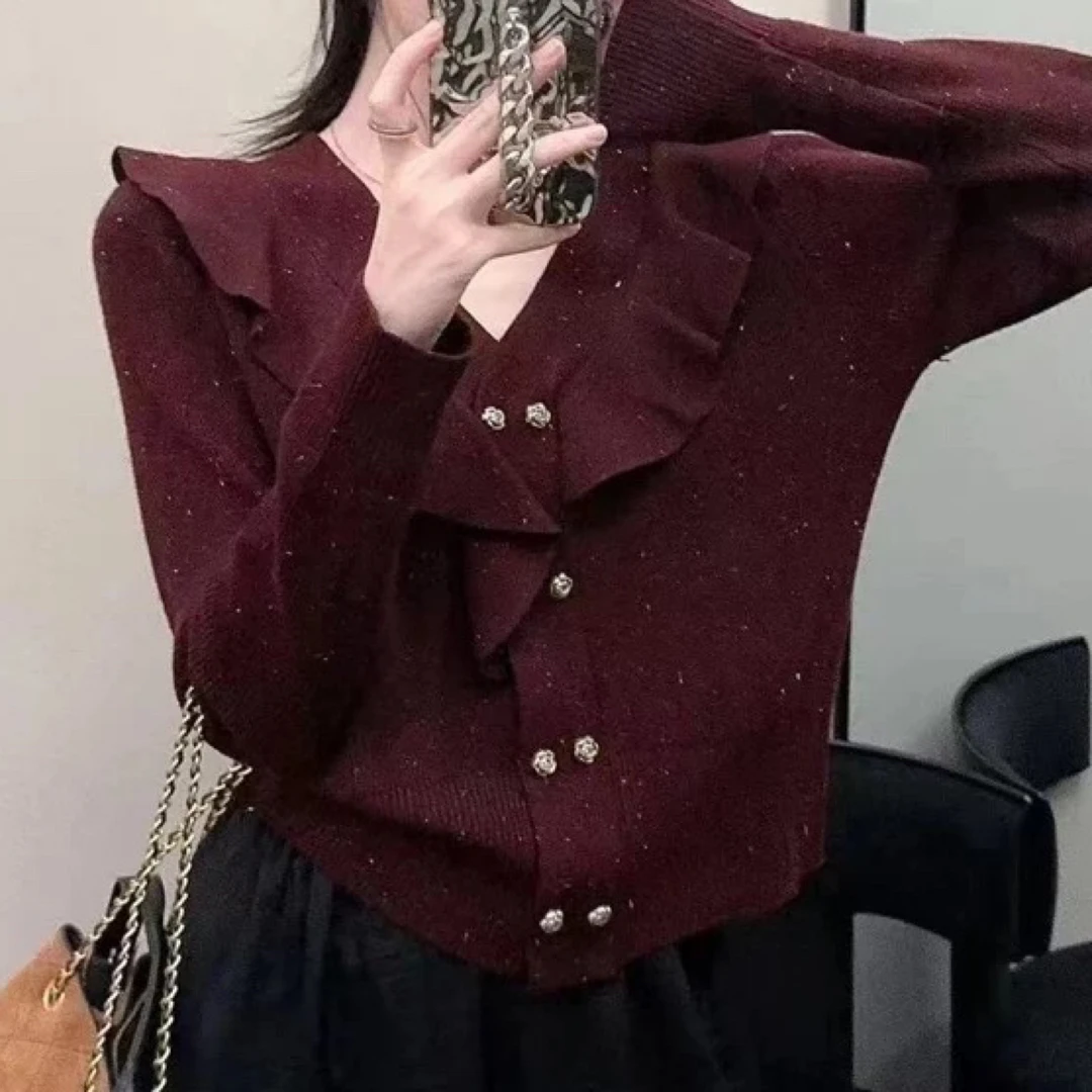 【小白姐姐】7007双排扣荷叶领细闪针织衫