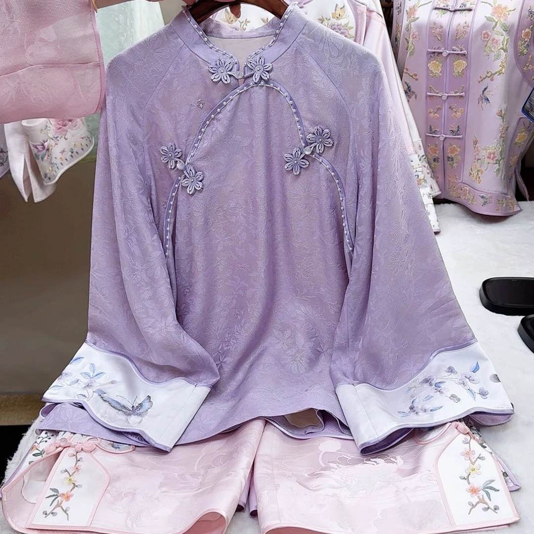 织绣真丝紫色花罗上衣