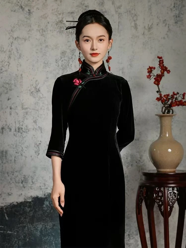 黑色高级感修身显瘦礼服新中式丝绒旗袍气质名媛复古风旗袍裙