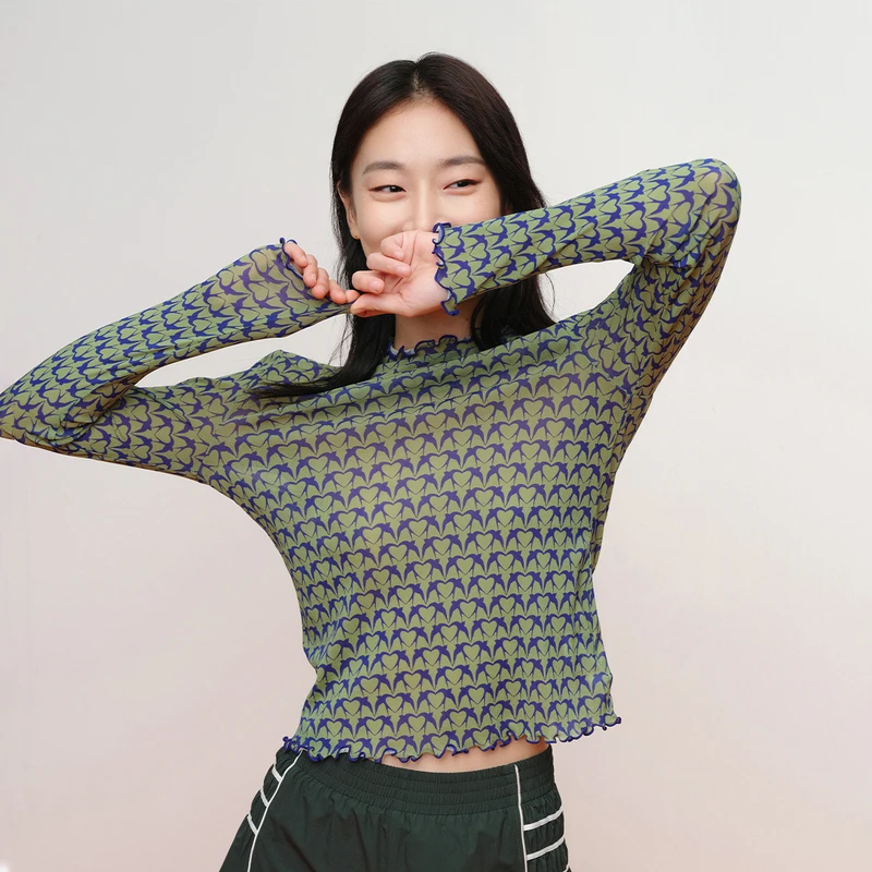 EP YAYING雅莹女装 印花网眼高领内搭打底衫上衣 新款5502A