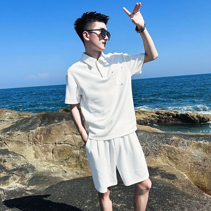 痞帅时尚短袖POLO衫短裤一套男士夏季薄款高级感潮流搭配两件套装