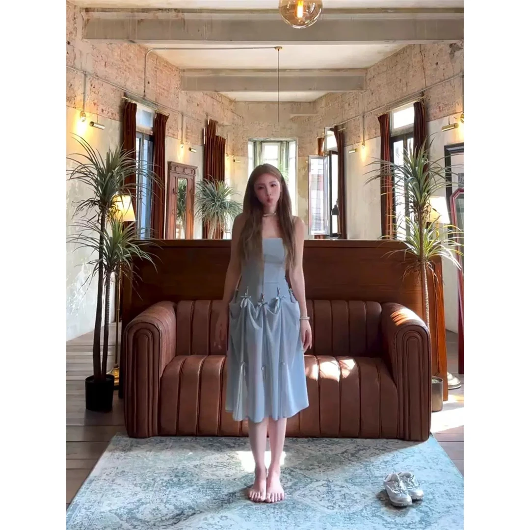 多重甜妮收腰显瘦中长吊带连衣裙修身重工蝴蝶女结短裙