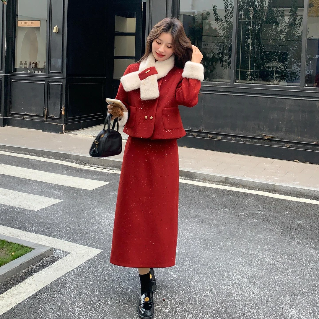 圣诞新年红色亮片毛呢套装女2025冬季名媛风羽绒外套半身裙两件套