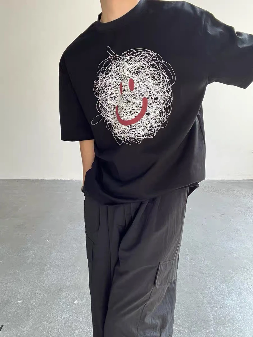 笑脸漆点印花圆领纯棉短袖男女韩版2025夏季新款休闲宽松T恤上衣