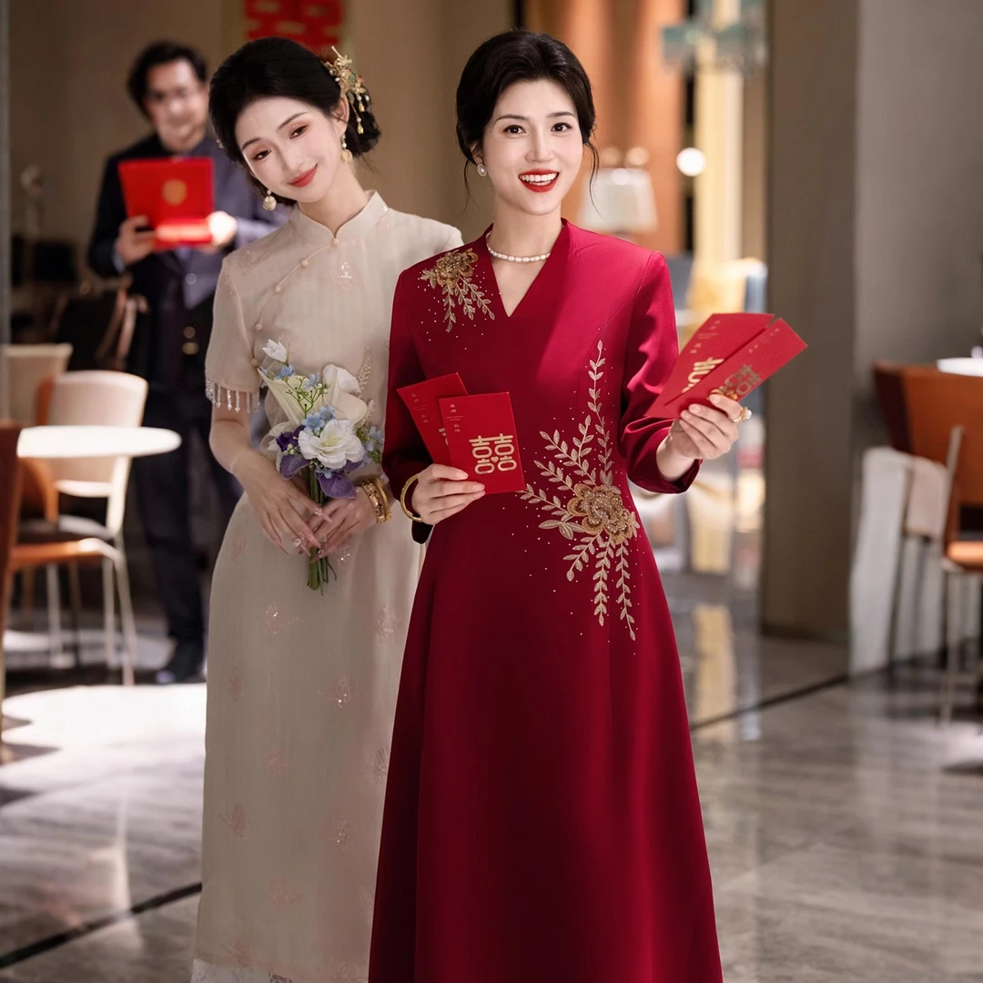 红色喜婆婆婚宴装高端大气结婚礼服高贵年轻喜妈妈婚礼喜服小个子
