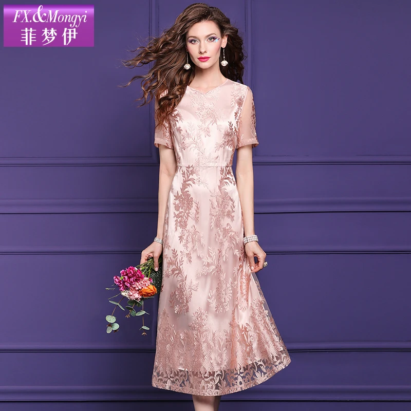 连衣裙刺绣显瘦蕾丝宴会中袖优雅气质旗袍七分袖菲梦伊长裙57668