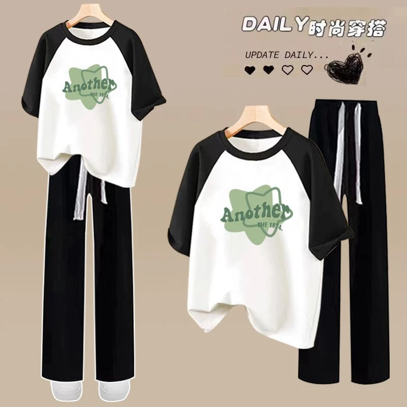 两件套初中生女夏季2025新款中学生休闲套装宽松少女短袖T恤裤子