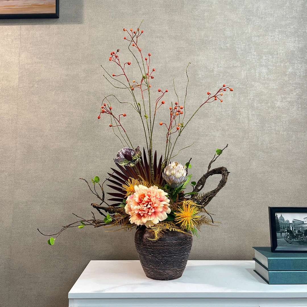 漠烟款新中式仿真花艺复古风家居软装假花插花电视柜摆放