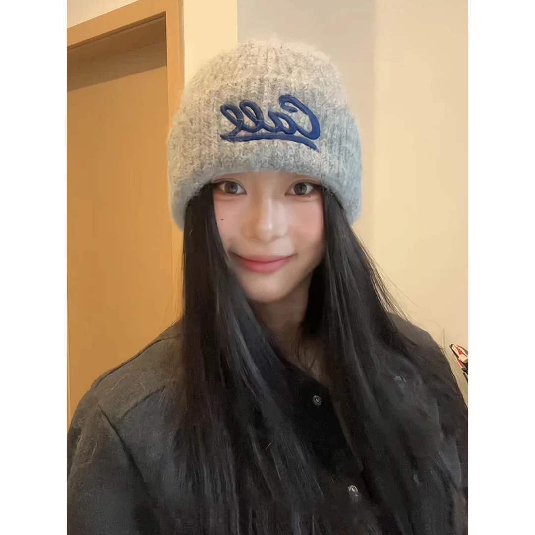韩系ins刺绣字母针织帽子女秋冬季新款保暖护耳百搭毛线帽大头围