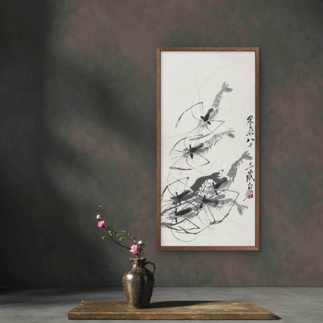 8775-虾-35*68双骏图中式装饰画木框玄关书房茶室客厅挂画