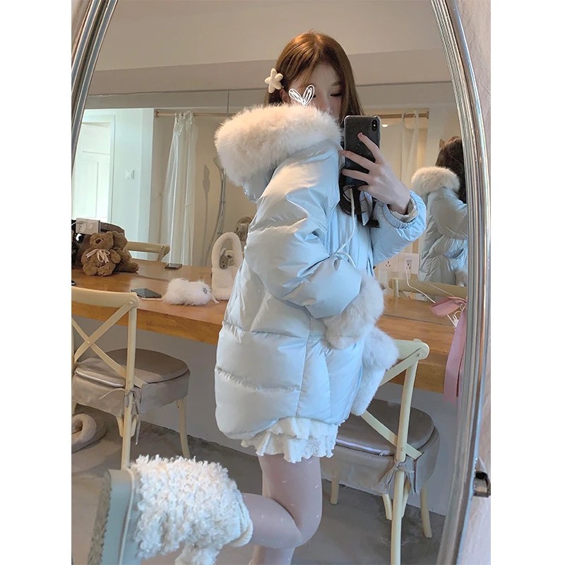 立体蝴蝶结绑带云朵感轻柔棉服季中长款可拆卸毛绒绒连帽女冬外套