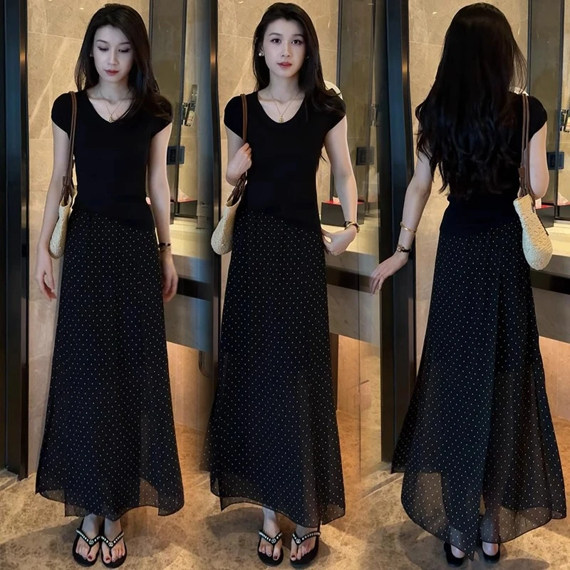 时尚连衣裙套装女2025夏季新款洋气显瘦短袖T恤波点半身裙两件套