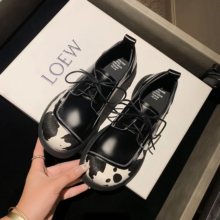 MK8379/4CM开边珠牛皮+马毛系带韩版夏季鞋子ins皮鞋浅口单鞋休闲