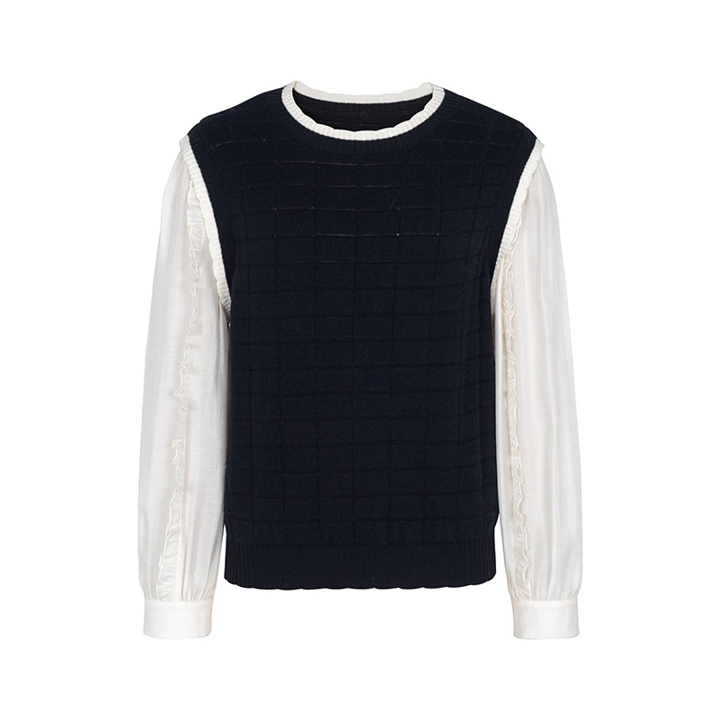 【品牌】商场同款新品黑白撞色假两件针织衫NDY10A34622