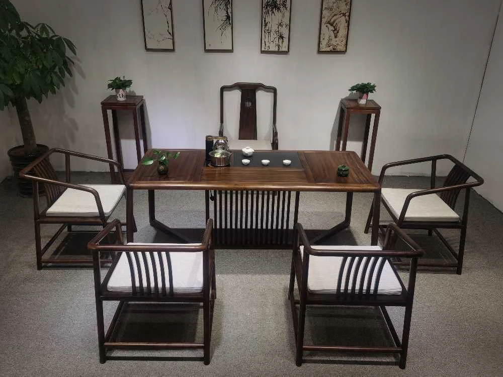 黑胡桃色胡桃木茶桌椅组合办公室新中式办公桌茶几简约省内包邮