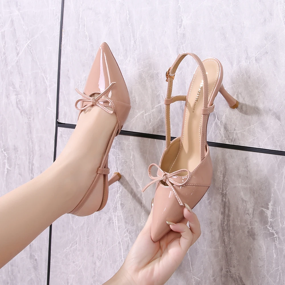 2025法式尖头欧美时尚细跟高跟鞋仙女风高跟鞋蝴蝶结一字带凉鞋