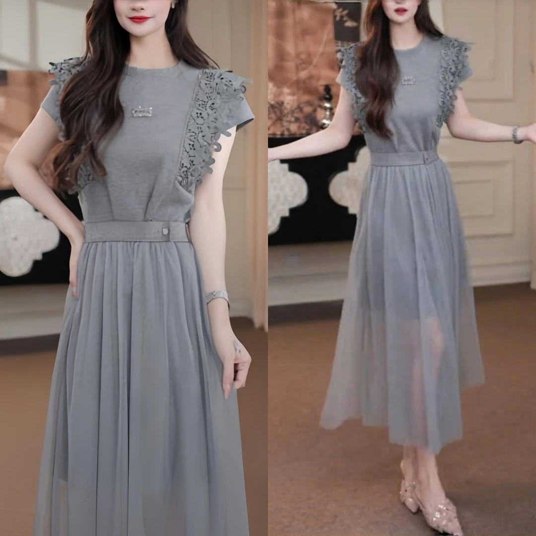 时尚法式短袖连衣裙夏季新款小个子气质收腰显瘦纱网拼接休闲裙子