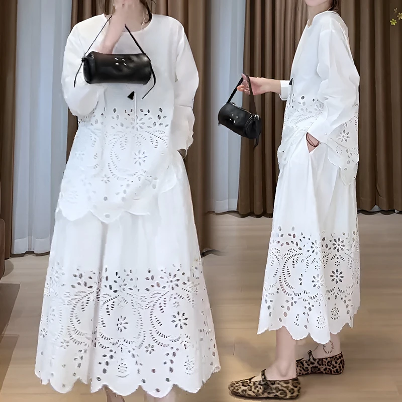 2025春秋新款极简慵懒高级白色镂空刺绣长袖衬衫a字半身裙套装潮