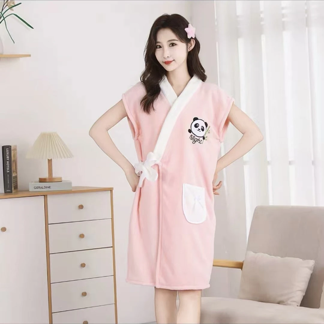 浴巾浴袍女式可穿新款珊瑚绒全身吸水不掉毛卡通家居绑带式浴袍