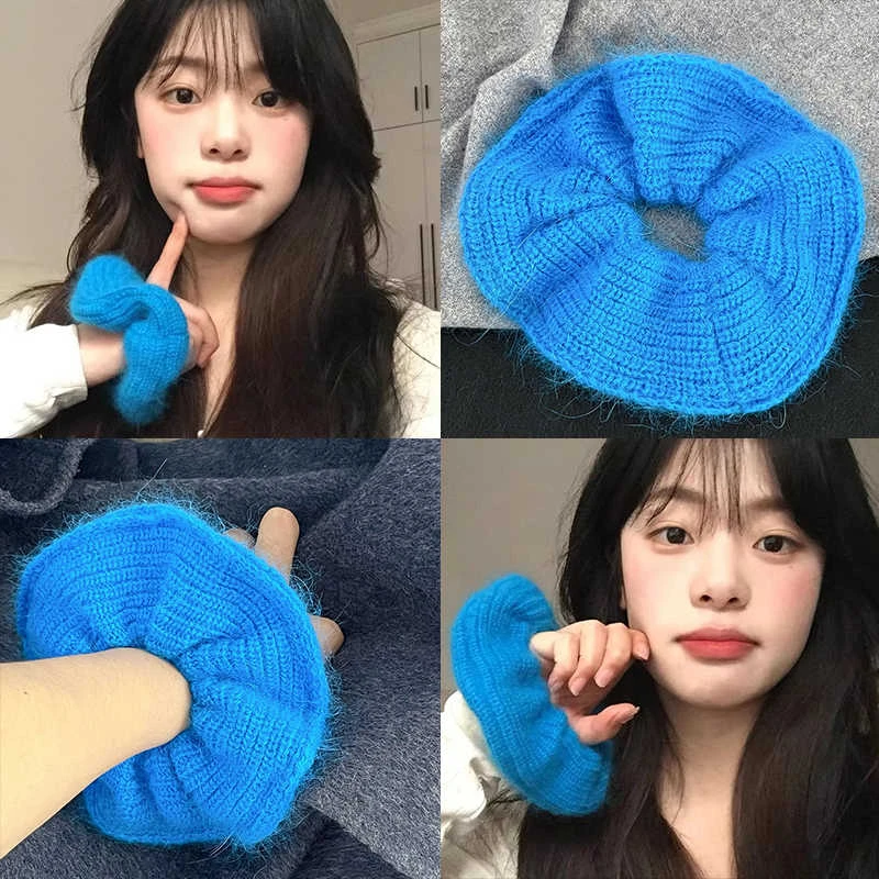 克莱因蓝毛线针织大肠发圈秋冬扎头发少女心毛绒发绳甜美大号发饰