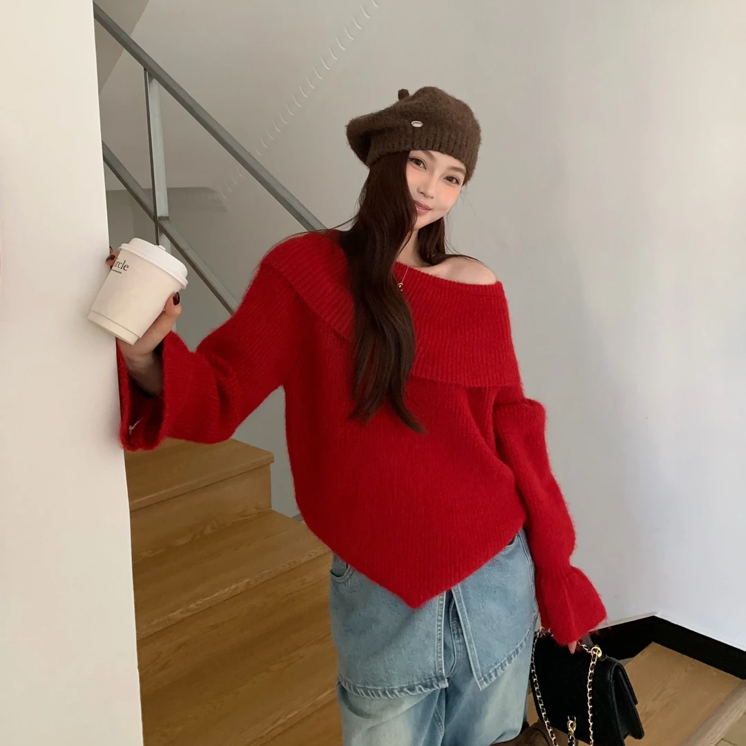 告白坐标～韩系设计感斜肩荷叶边毛衣百搭时尚ins