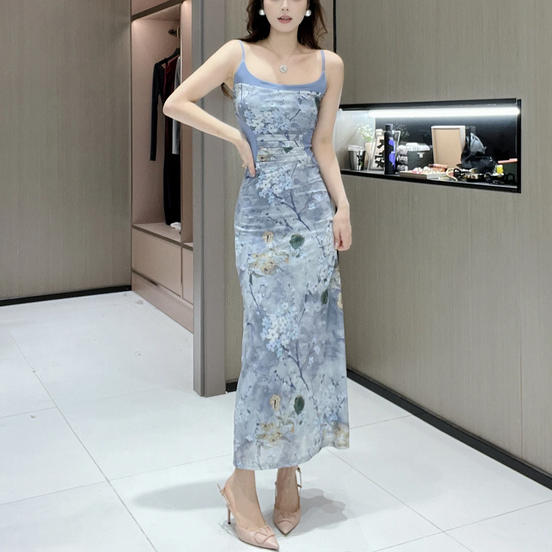 新款印花网纱女装吊带裙长袖时尚春秋时尚优雅长裙搭配百搭款开衫