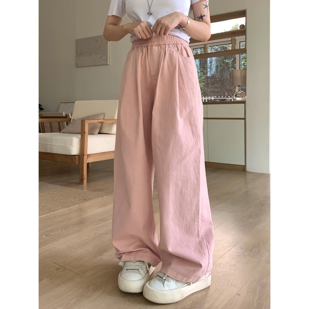 ANDEARDI粉色宽松阔腿裤女秋季新款垂感纯棉宽松休闲高腰显瘦长裤