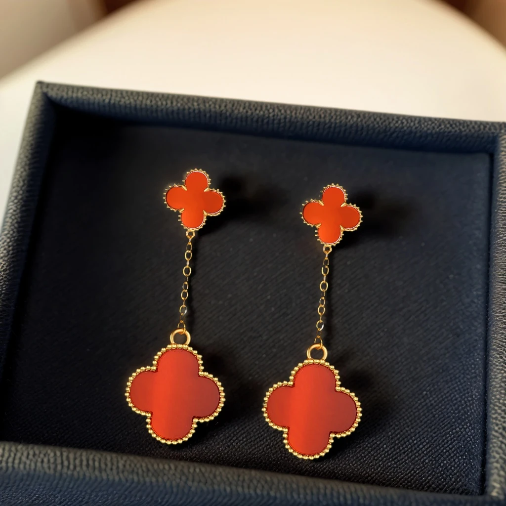 18k金玛瑙四叶草双花耳饰一对 多样性发一对 百搭