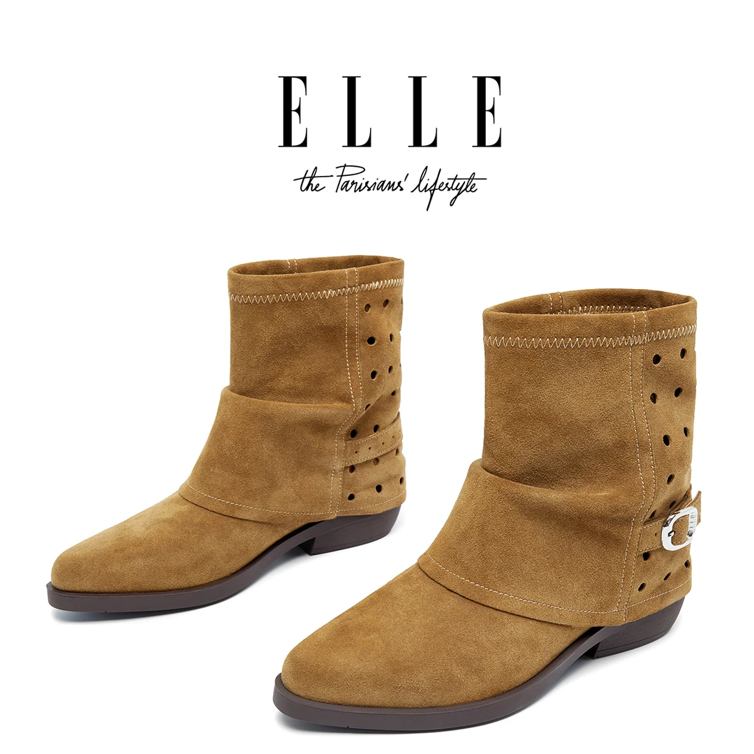 ELLE美式辣妹皮带扣裤管靴女靴2025秋冬新款小众设计感西部堆堆靴