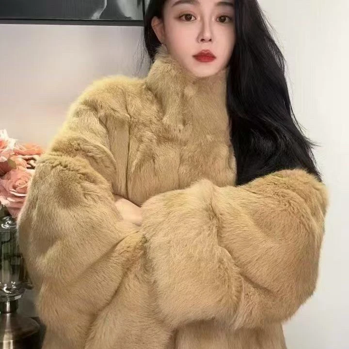 冬季长款安哥拉兔毛皮毛一体长毛外套立领加厚保暖宽松慵懒风百搭