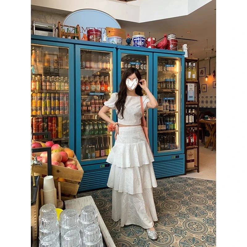 绝美套装白色泡泡袖衬衫上衣女装夏季蛋糕裙半身裙度假穿搭两件套