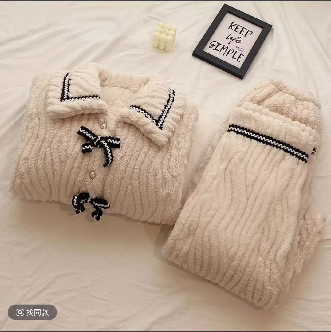 新款团团秋冬季睡衣女套装珊瑚绒保暖家居服小香风蝴蝶结开衫