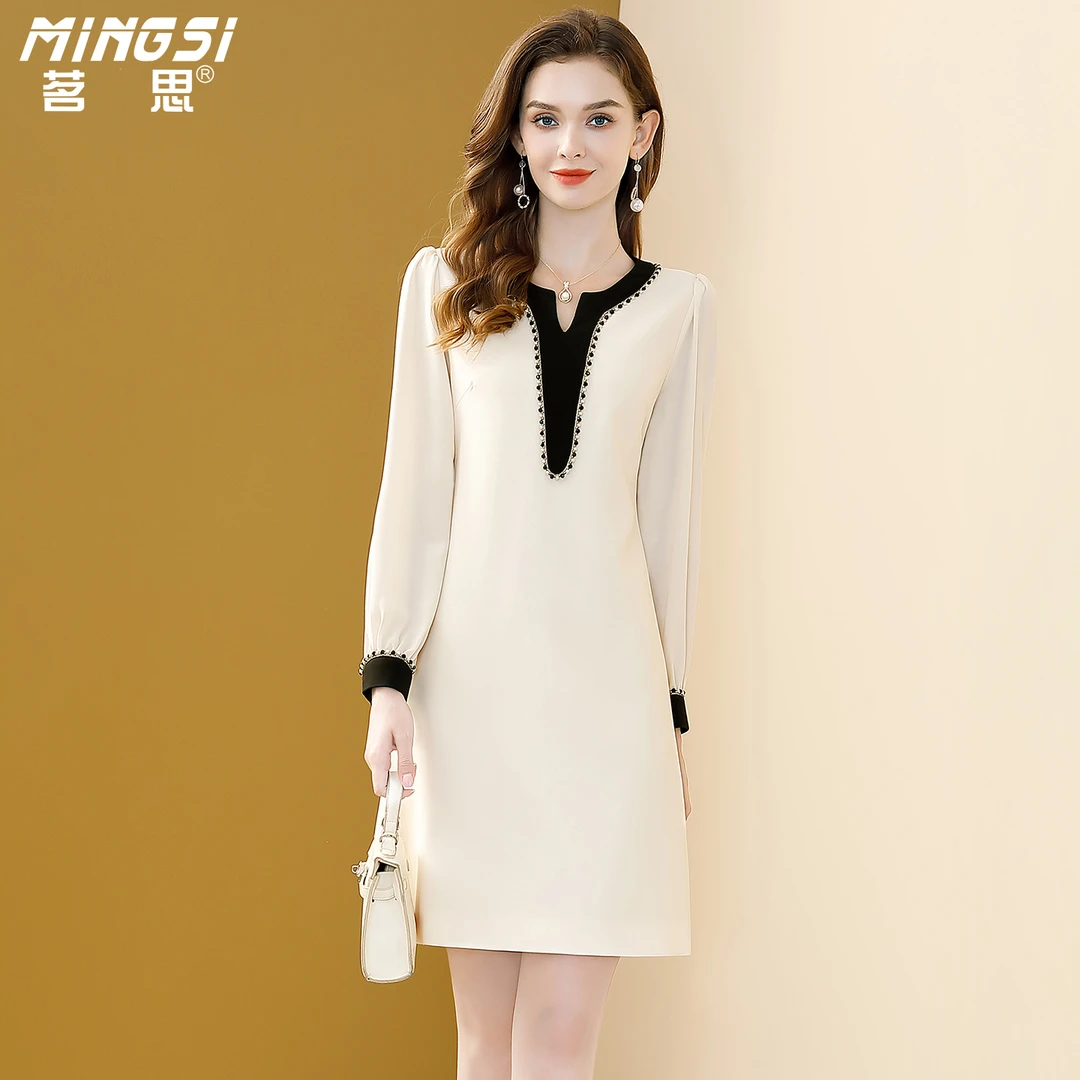 茗思高级感撞色连衣裙女装2025秋季新款小个子长袖宽松显瘦裙子