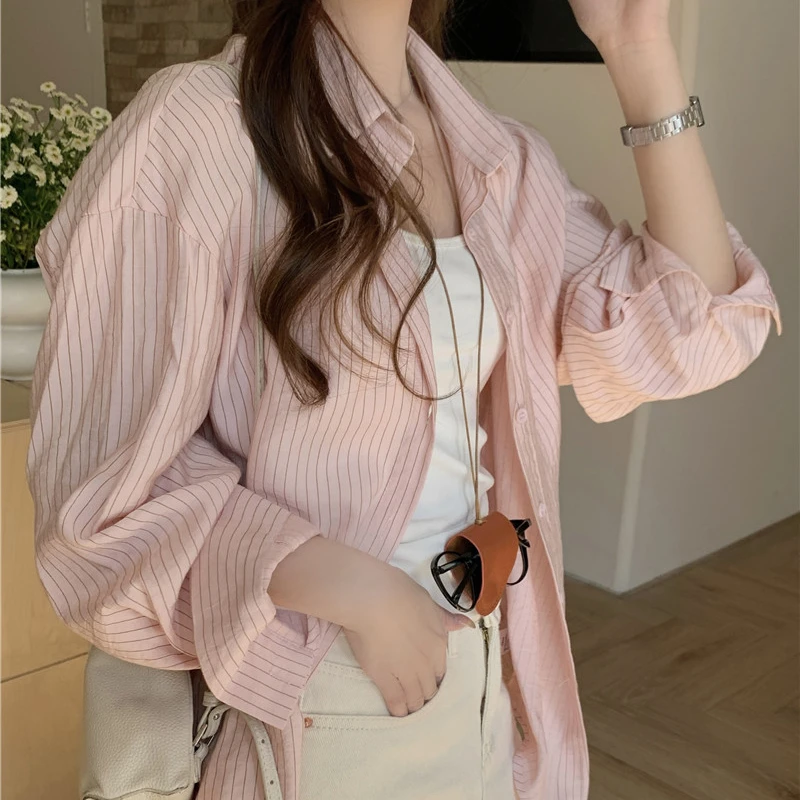 粉色条纹POLO衬衫女秋季薄款2025新款防晒开衫衬衣宽松上衣外套