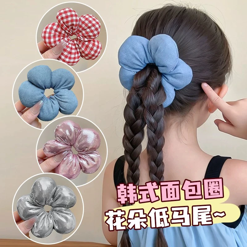儿童花朵发圈小女孩可爱填充扎发绳简约可爱花朵格子发饰女童皮筋
