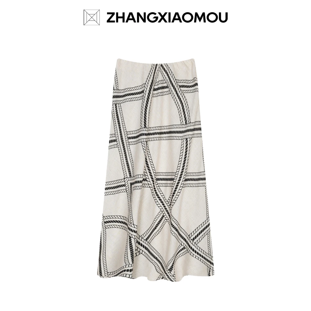 张小某梨形定制知性风天丝亚麻老钱风格纹印花垂感半身裙Q1838