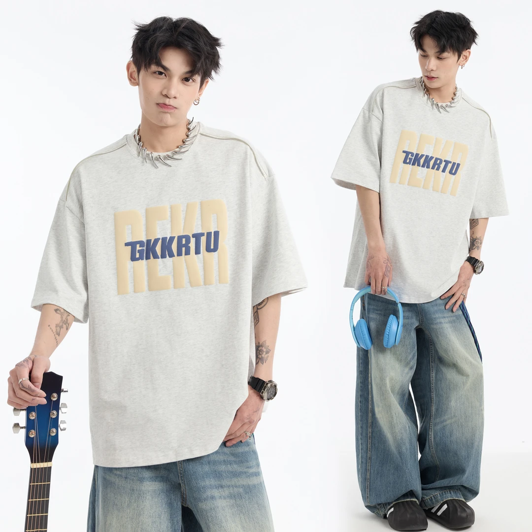 夏季重磅320g短袖T恤男发泡印花潮牌宽松设计感凉感透气半袖体恤