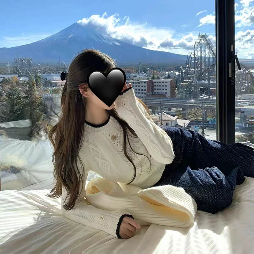 甜粿妹妹懒风小香圆领毛衣女围巾两件套修身气质设计感