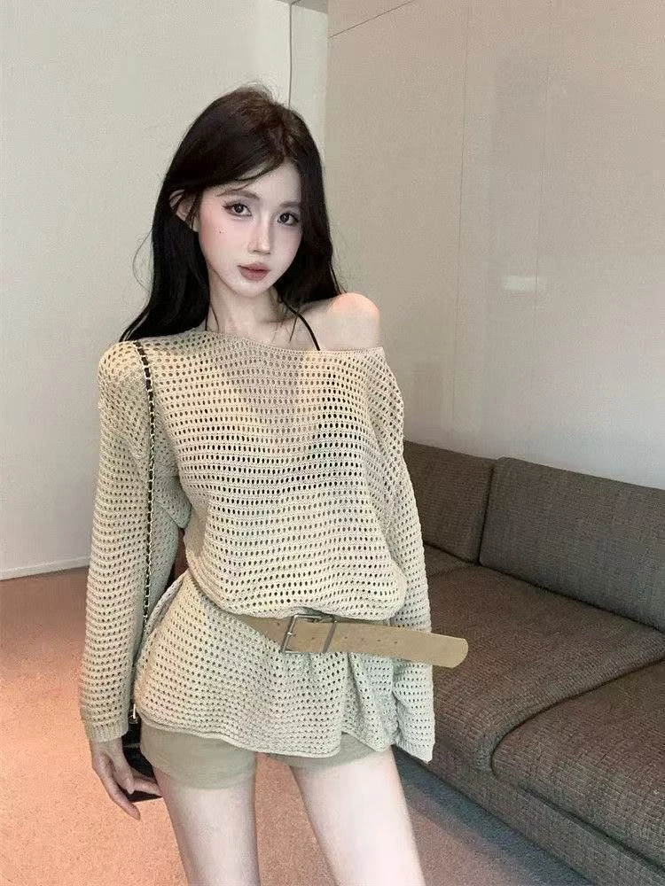 2025春夏爆款轻奢宽松镂空设计衬衫女薄款外搭高级感可露肩三件套