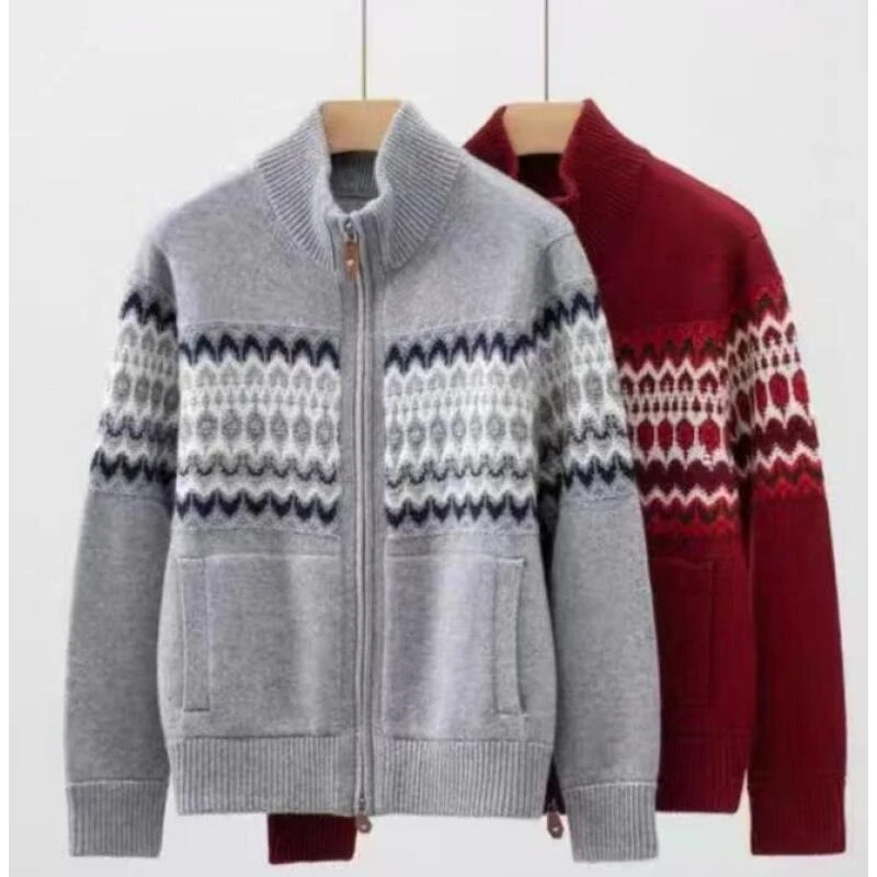 [LP] 老钱风复古酒红色皮革拉链羊绒开衫4358