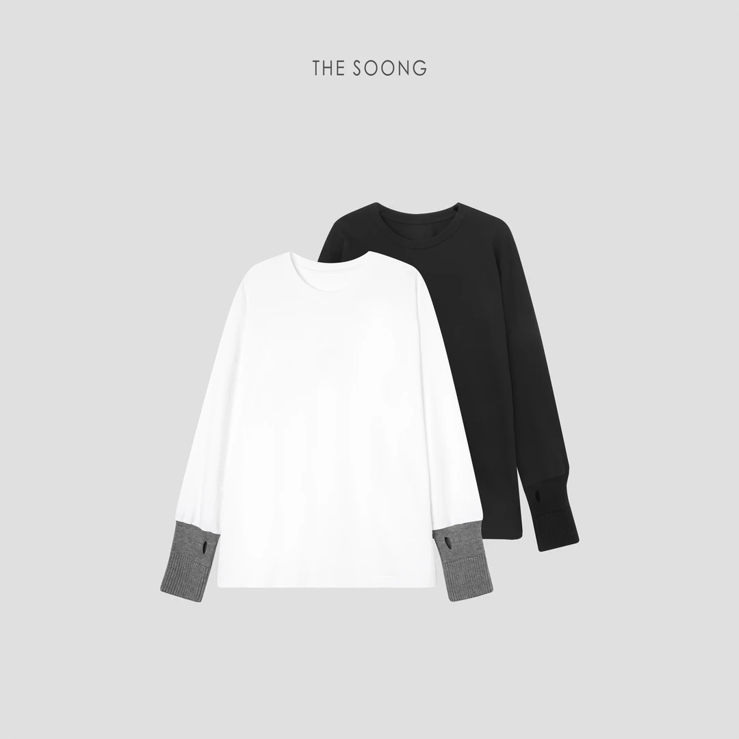 THESOONG|“毛线袖打底衫”圆领长袖拼接白色大T恤HWTX7523