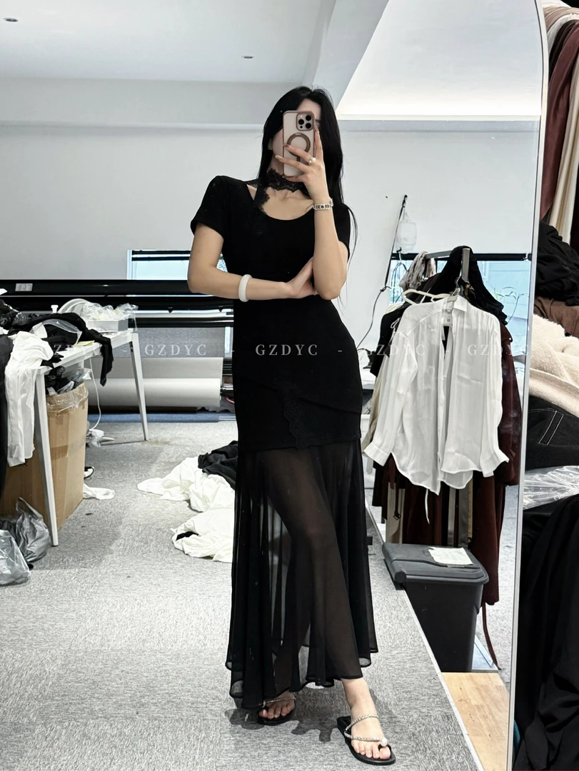 【鸽子的衣橱】邂逅加长版 高级感气质针织醋酸拼接纱裙连衣裙