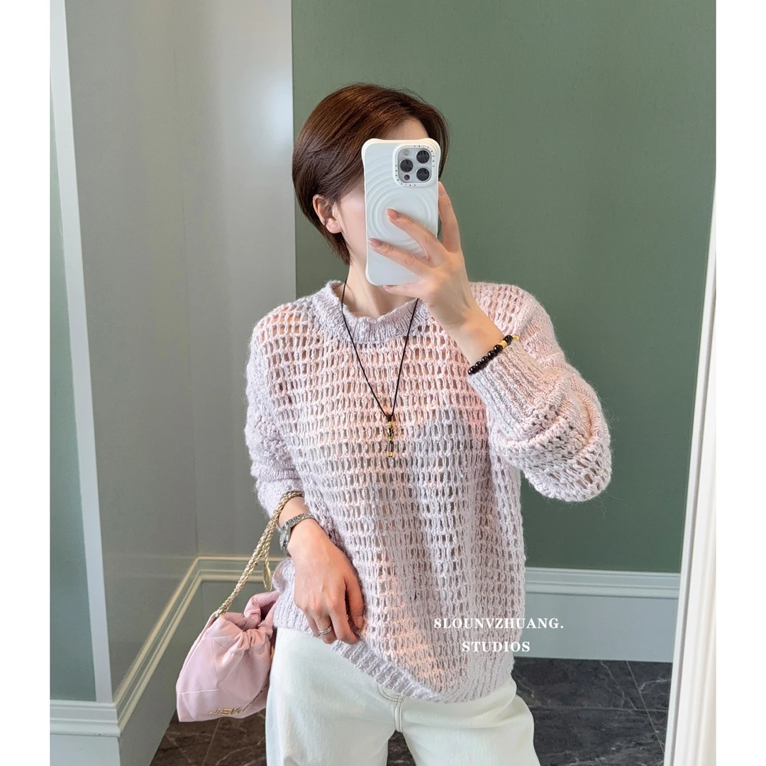 粉色针织小衫2025秋季新款高品质镂空休闲松弛感针织上衣6-89675