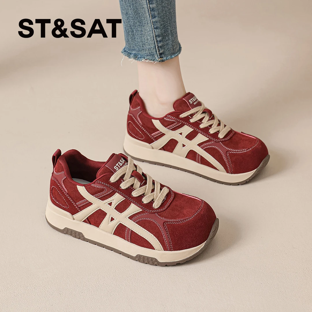 星期六巨好看红色德训鞋女2025秋冬爆款超火阿甘鞋时尚百搭休闲鞋