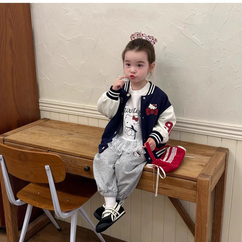 女童套装2025秋季新款小童可爱猫拼色棒球外套宝宝花边卫衣卫裤