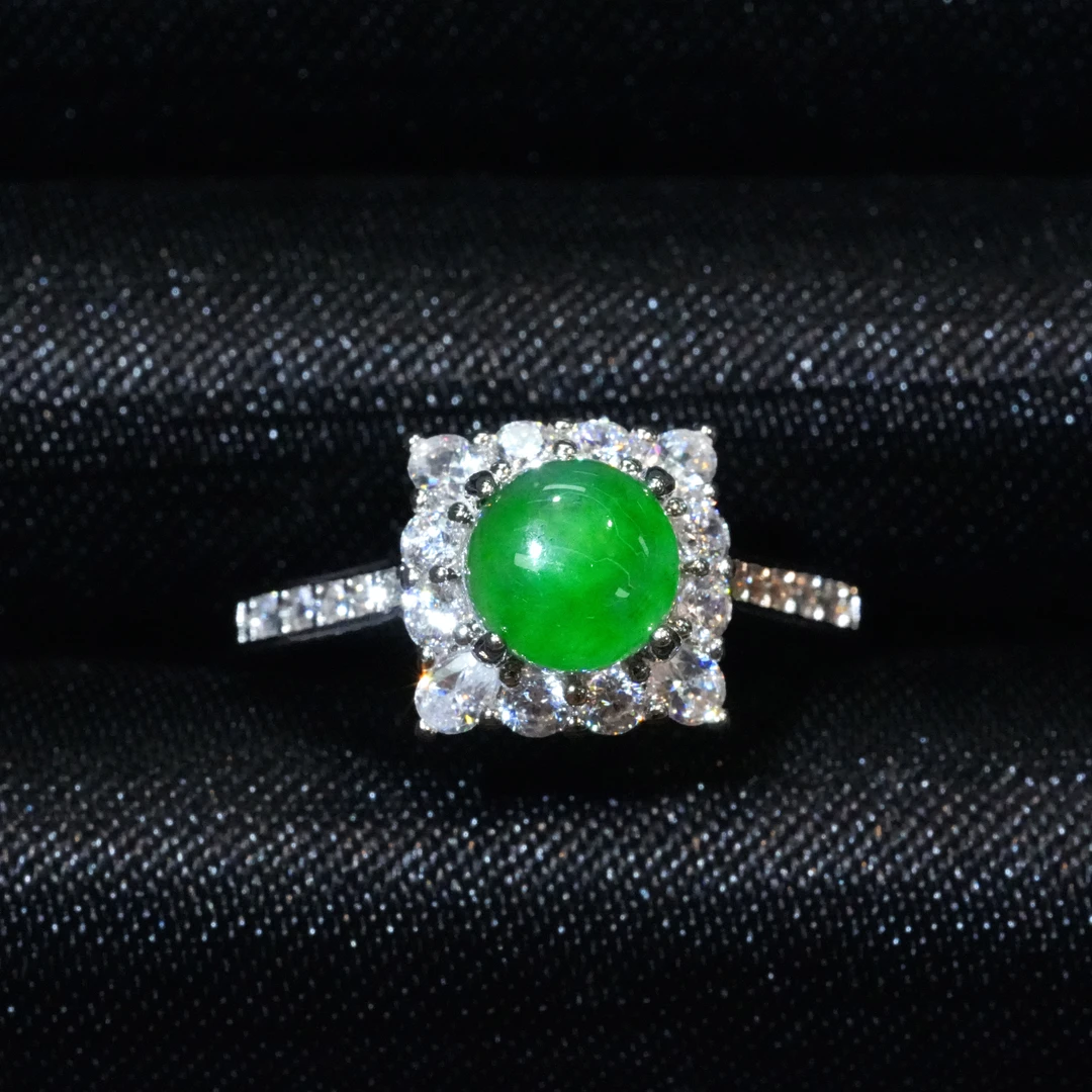 天然翡翠A货豪镶蛋面戒指时尚百搭(多样性发)开口戒绿色镶嵌高