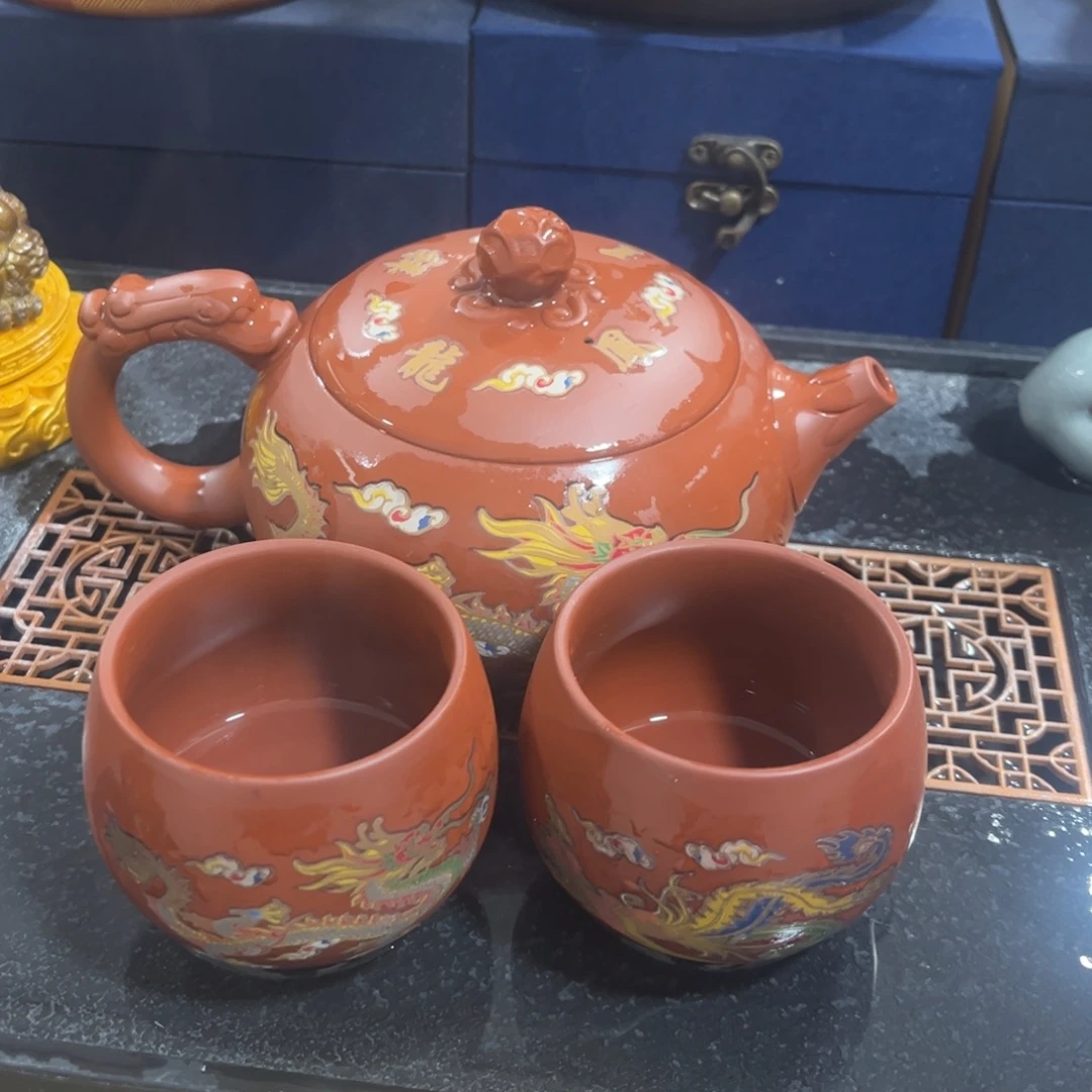 紫砂茶杯一壶4杯2龙2凤