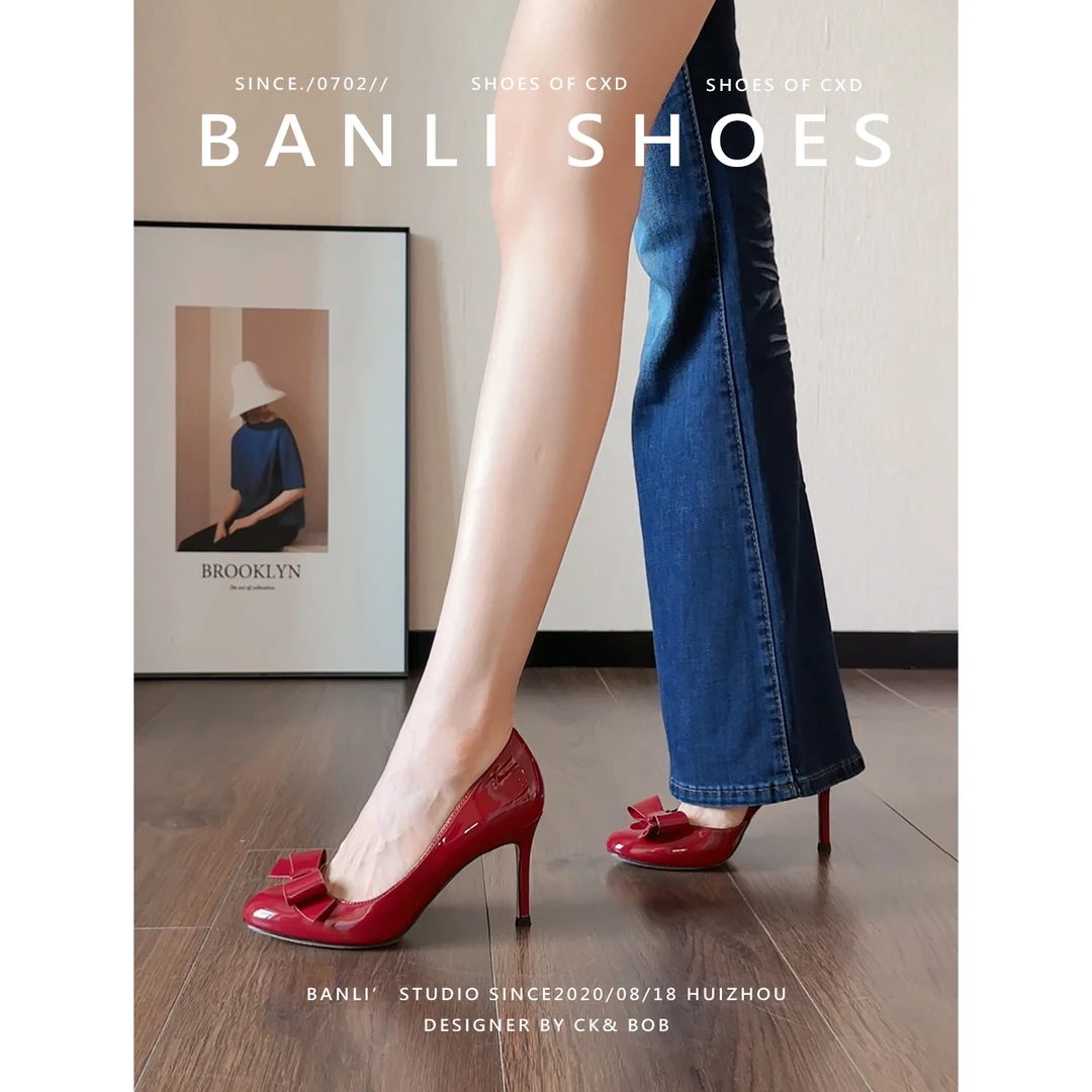 班丽 红色蝴蝶结高跟鞋女！2025新款法式气质名媛浅口单鞋女细跟
